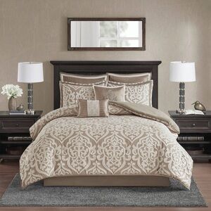 ⭐️NWT⭐️ Madison Park Cal King 8pc Comforter Set, Eliot Jacquard Damask Tan White